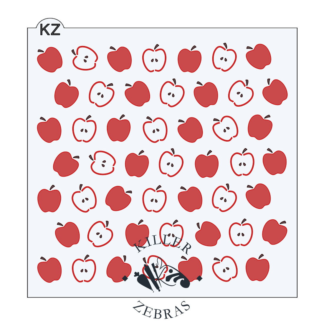 Large, square stencil with red apples. Alternating columns of whole and half apples.