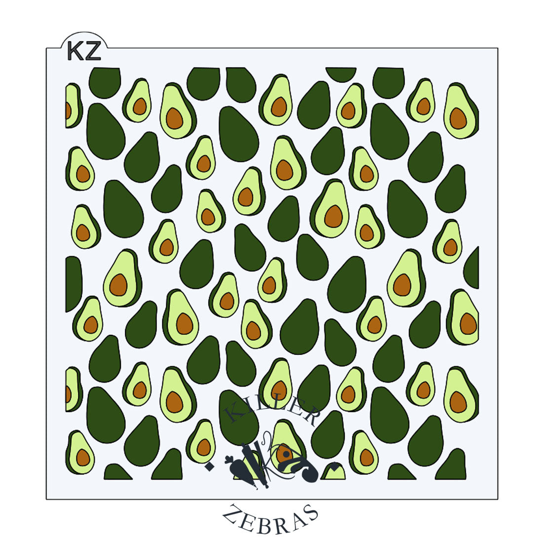 Large, square stencil with whole and half avocados filling square. Dark and light green with brown pits.