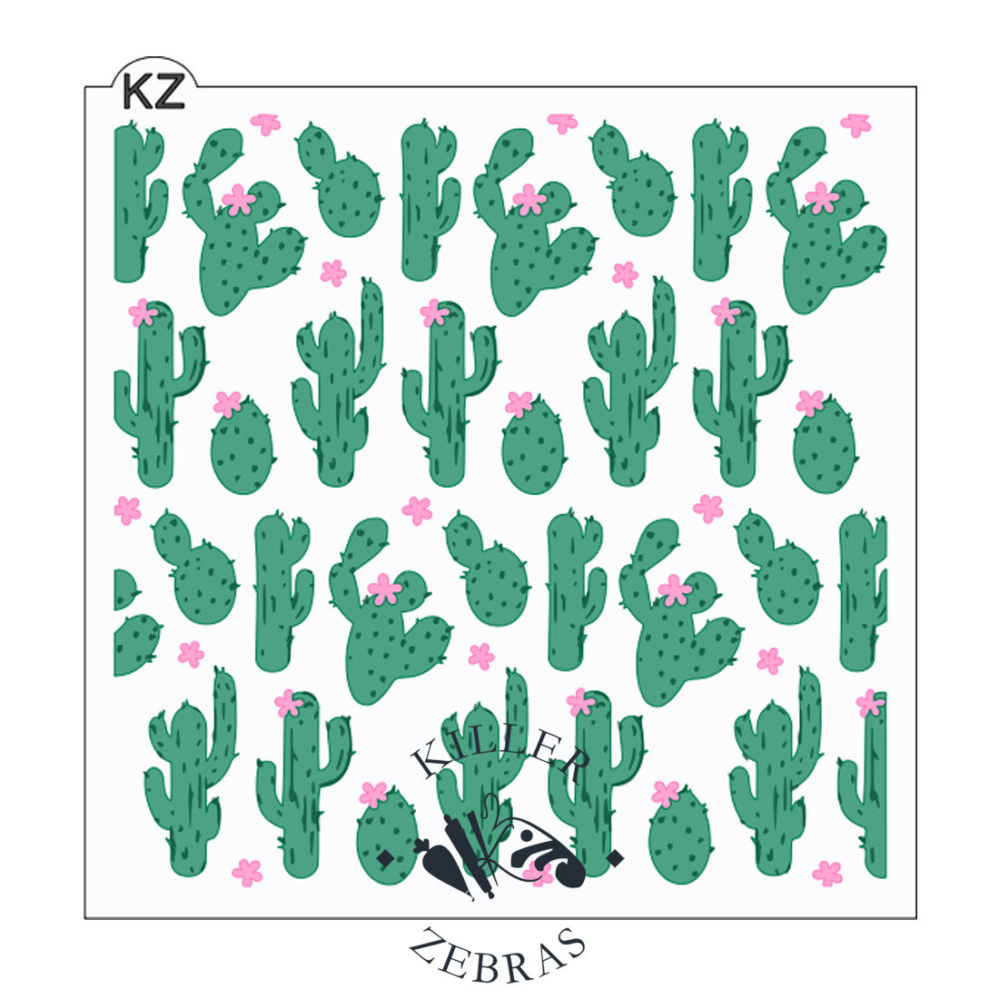 Large, square stencil with different shaped green cacti and light pink flowers on and off the cacti, filling the square.
