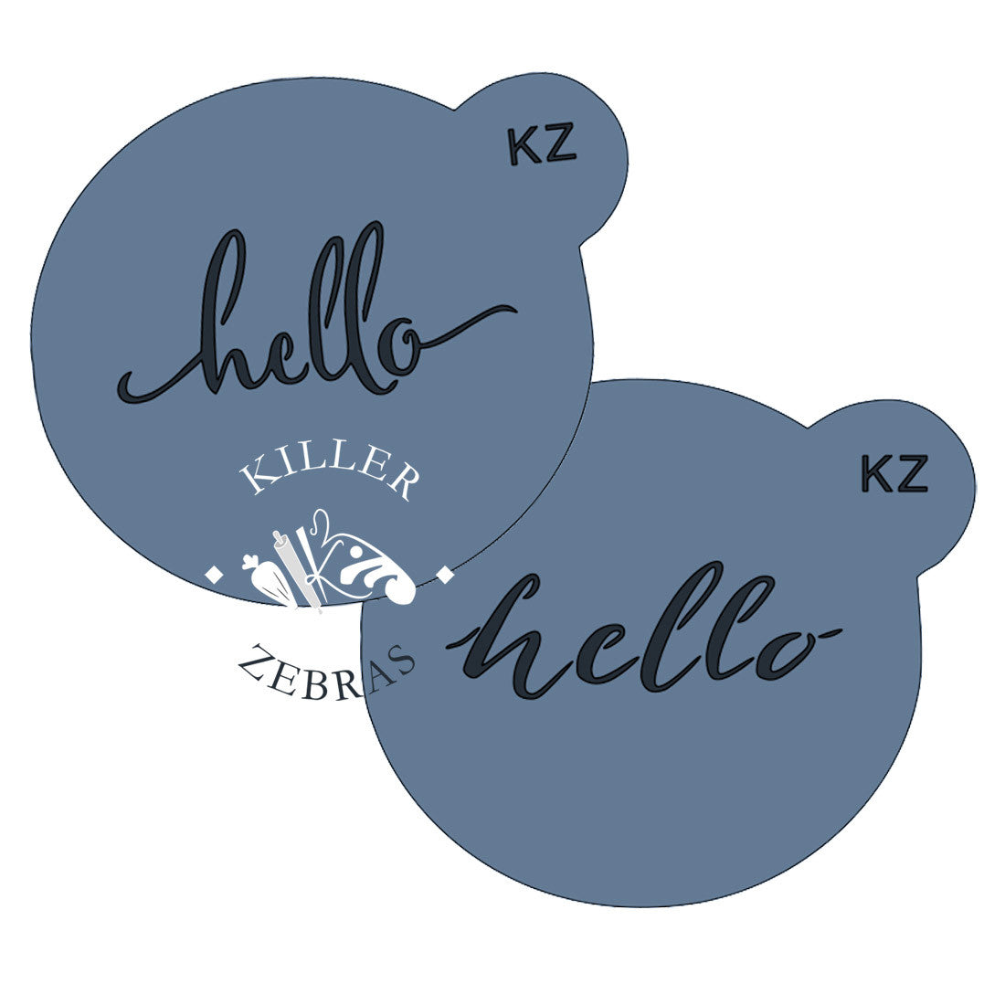 set of small mini cookie stencils that read "hello" in different styles