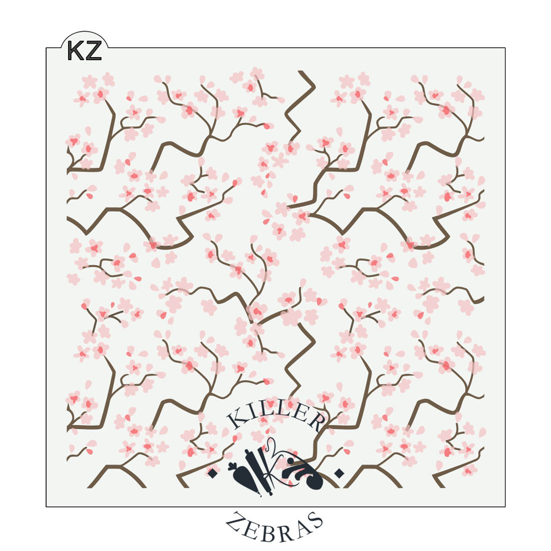 Large, square stencil with multiple small cherry blossom branches which are brown with pink blossoms.