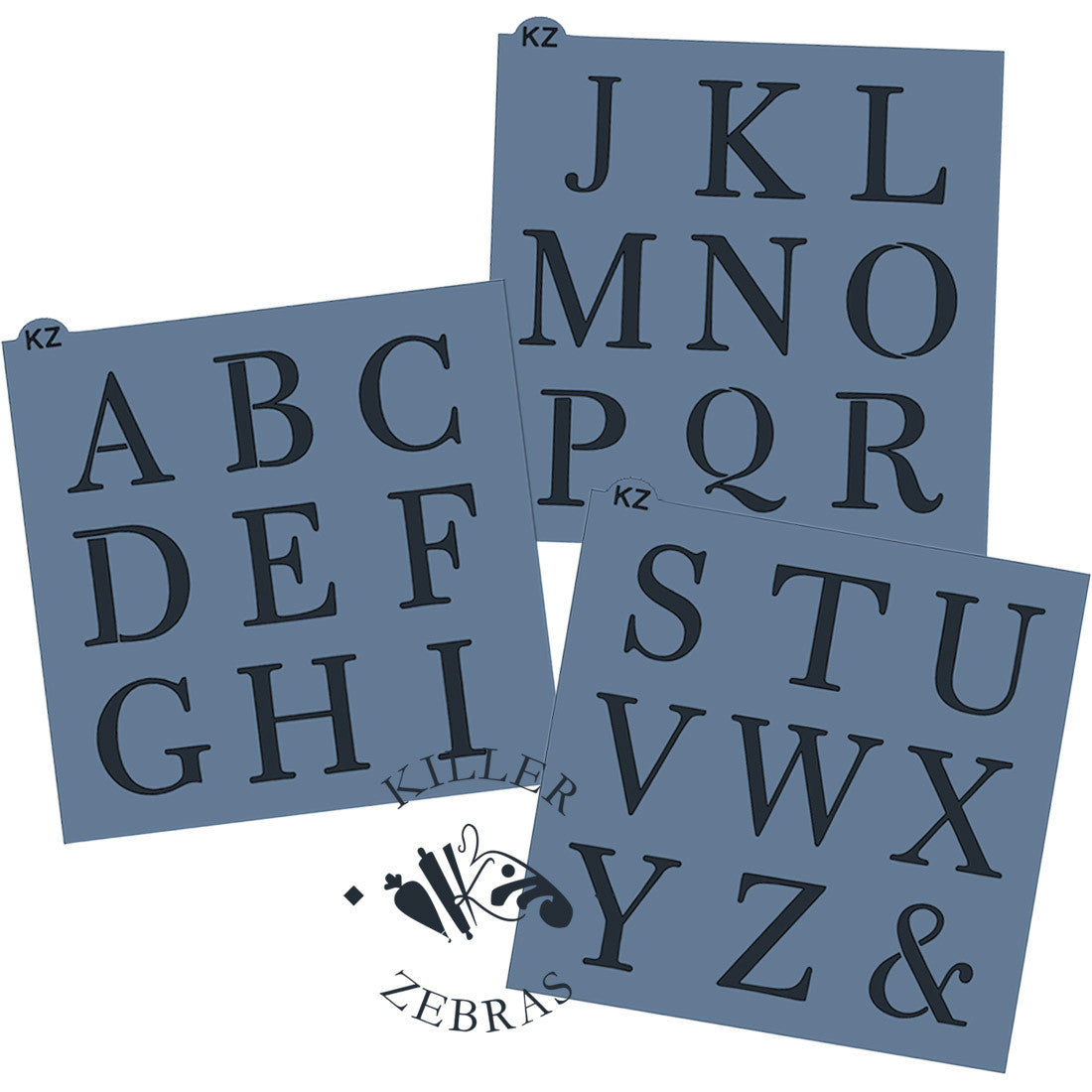 3 large, squared stencils with the letters of the alphabet.