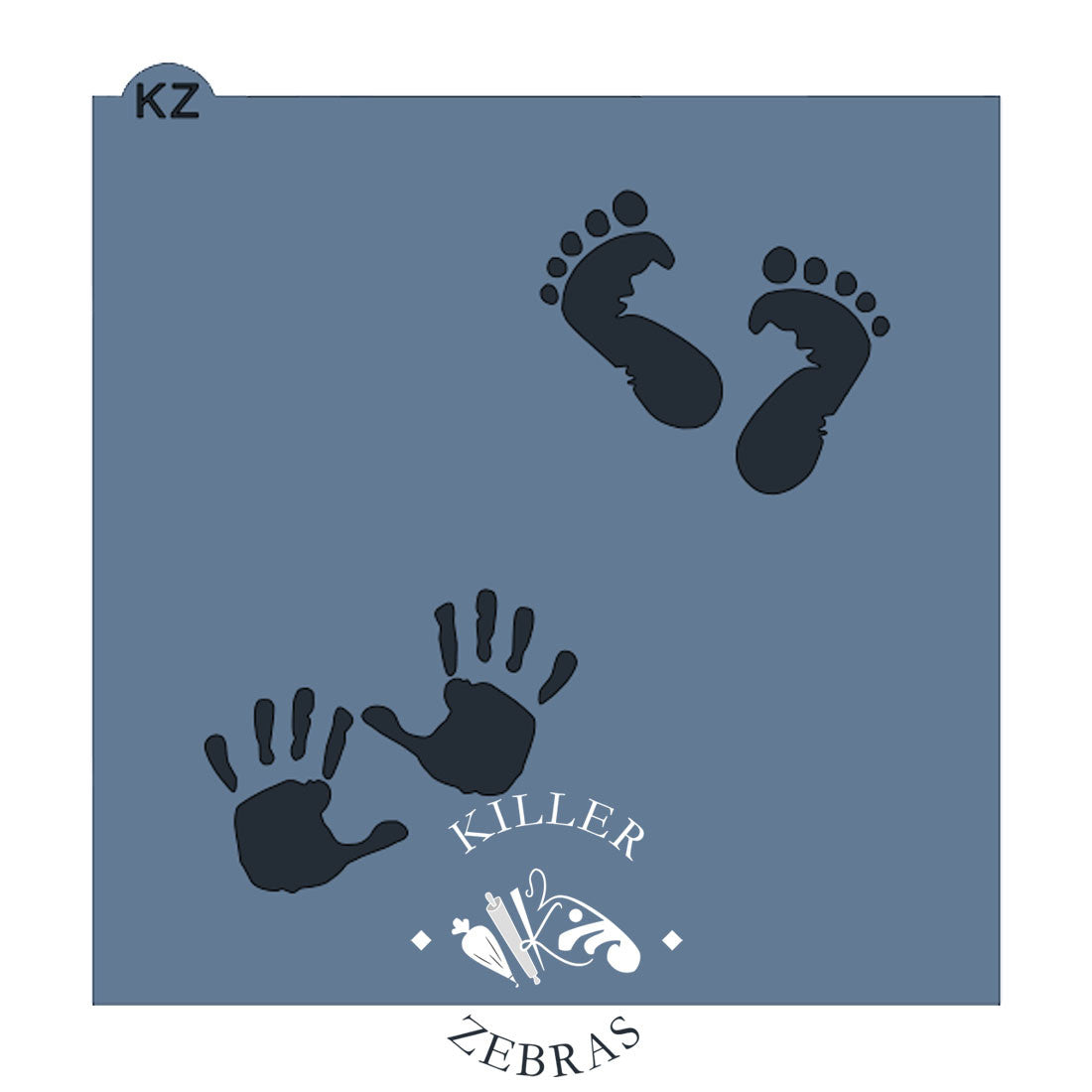 Large, square stencil with a baby's handprints and footprints.