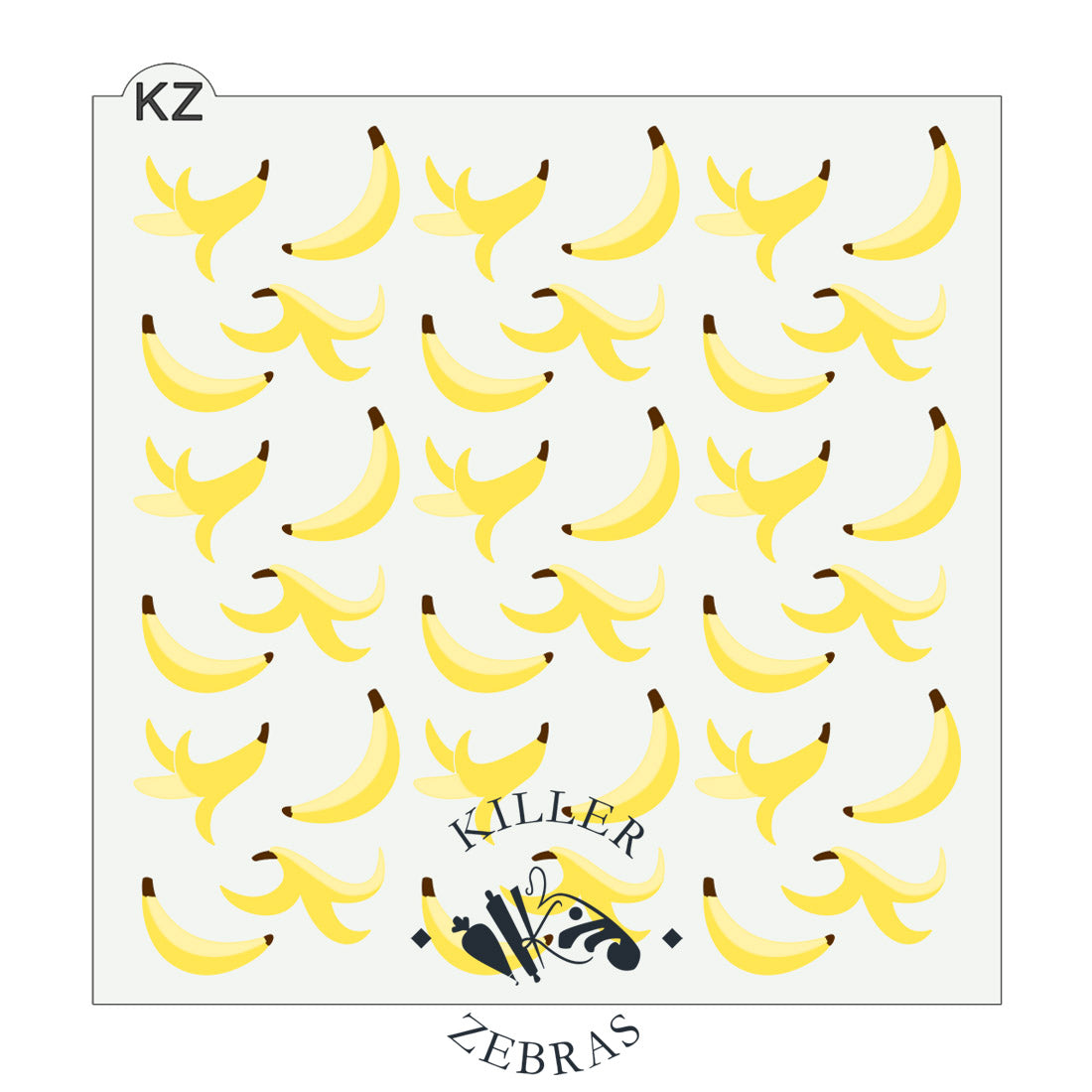 Large, square stencil with whole and peeled, yellow bananas filling the square.