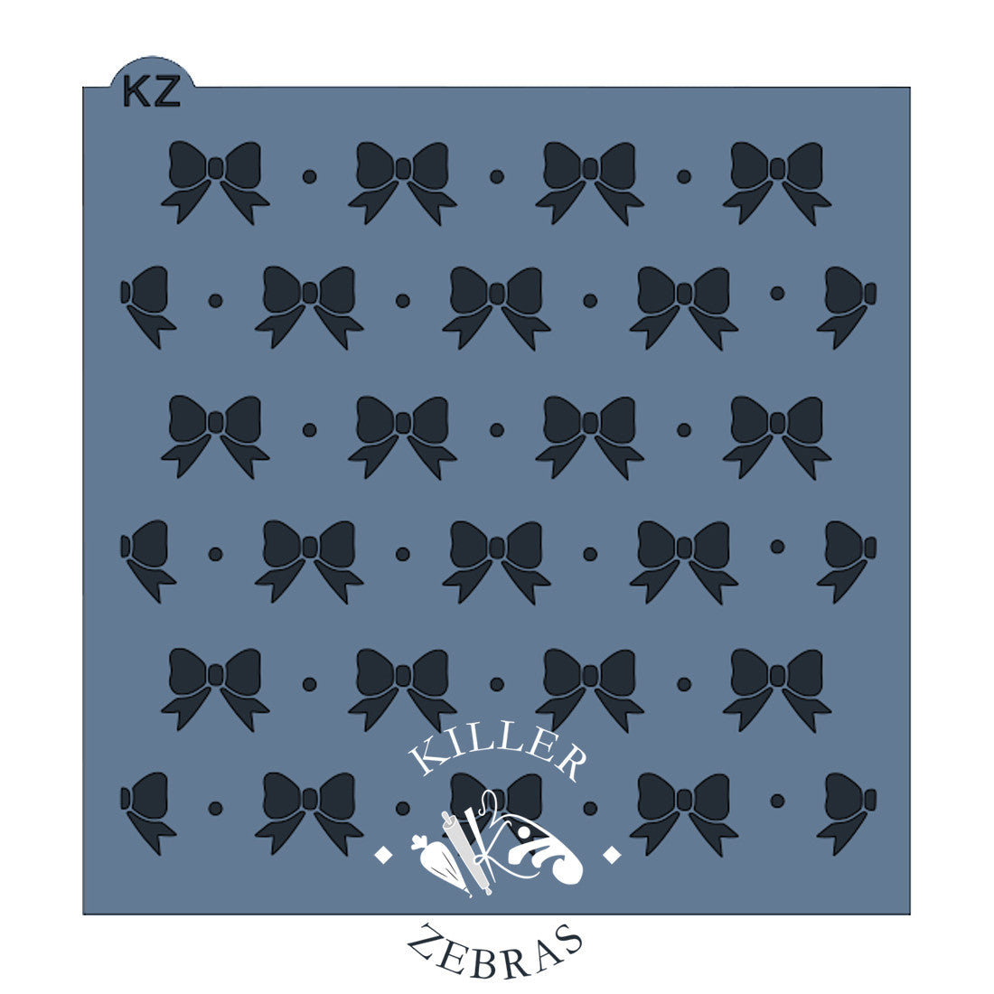 Large, square stencil with ribbon bows laid out in neat rows. One small dot between each bow.