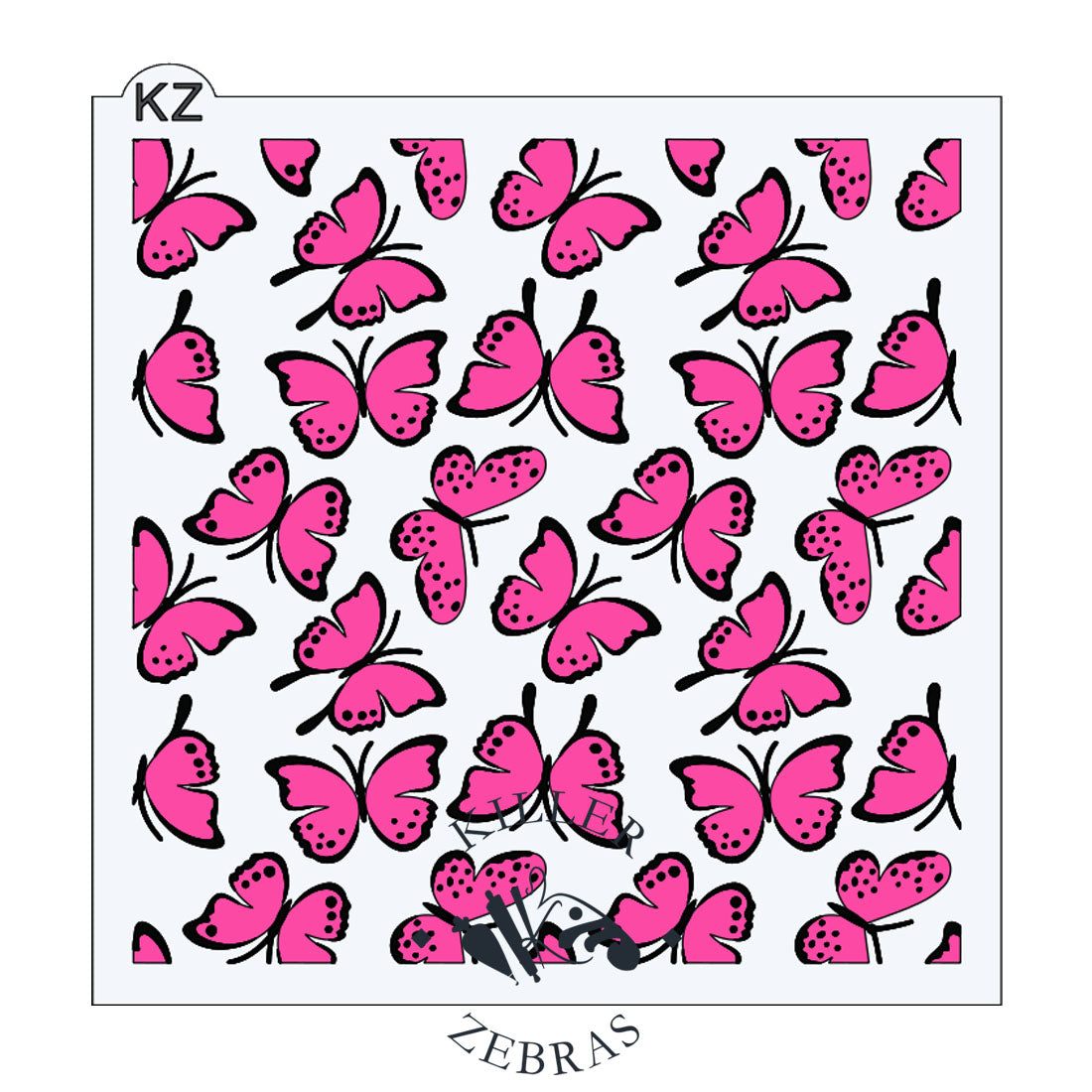 Large, square stencil with different hot pink and black butterflies filling the square.