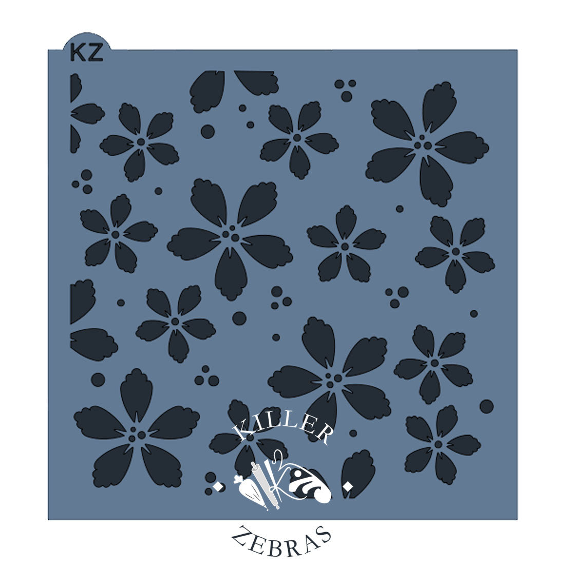 Large, square stencil with 5-petal flowers differing in size. Some smaller circles in the center of each flower and spread out in the empty space.